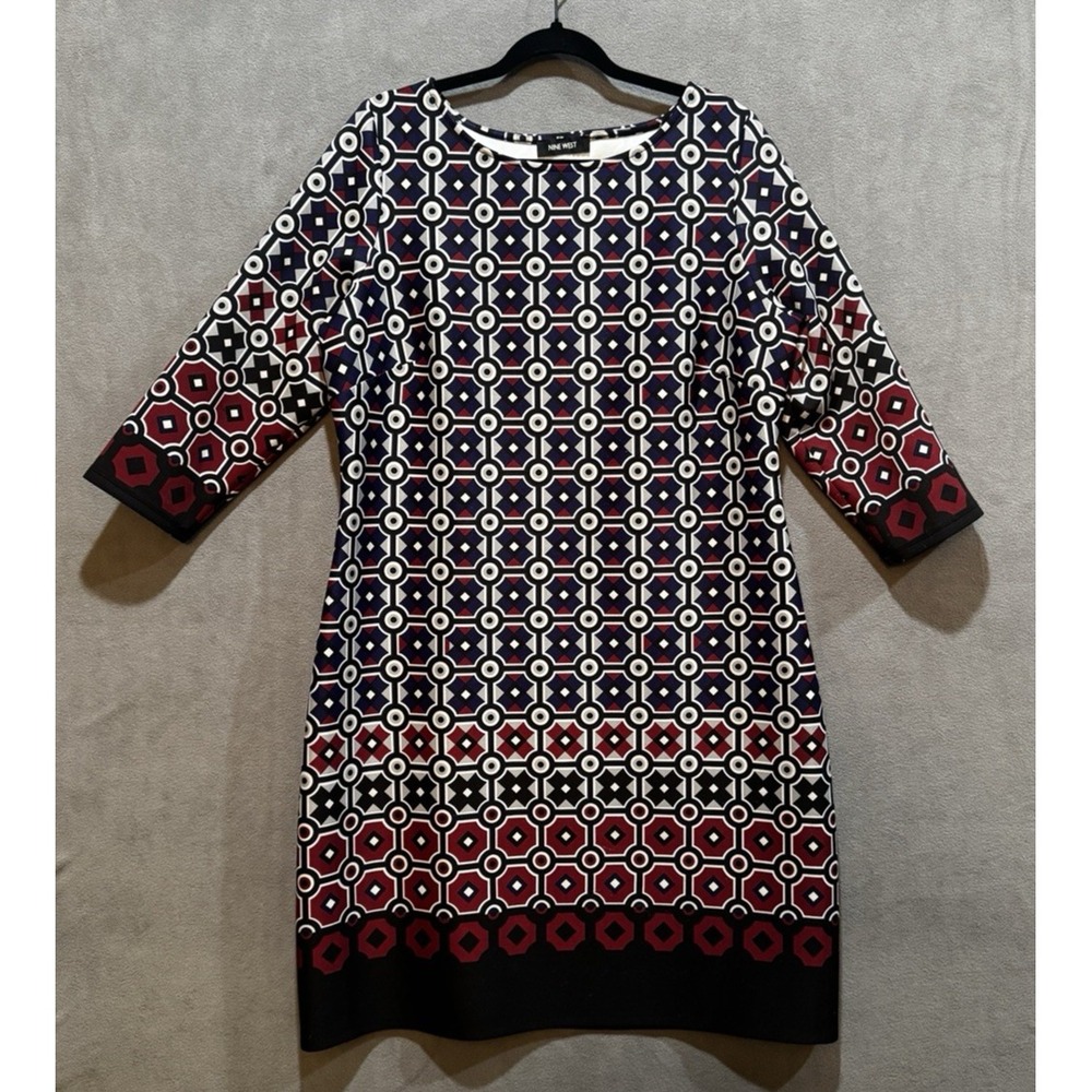 Nine West‎ Women's 3/4 Sleeve Retro Scuba Dress Size 14 Geometric MCM Inspired